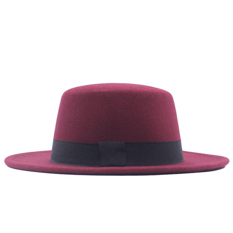 Retro British style black ribbon flat top top hat couple men and women spring and autumn woolen thermal hat