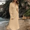 ZANZEA Women Casual V-Neck Solid Color Long Sleeve Sheath Dress