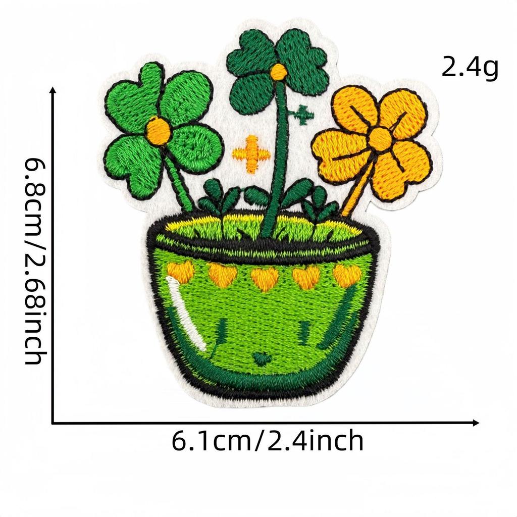 Saint Patrick's Four-Leaf Clover Cartoon Embroidered Patch - Clothing Accessory with Adhesive.