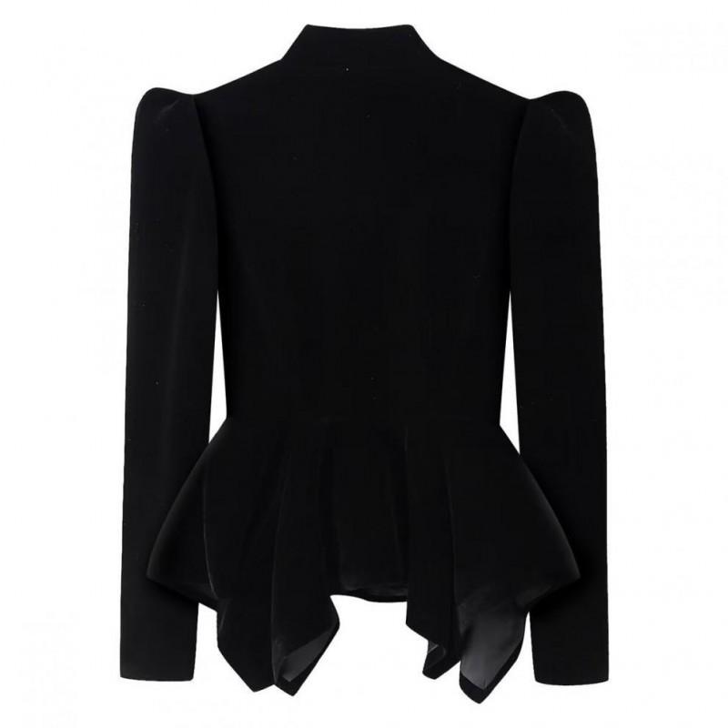 Womens Elegant Velvet Long Sleeve Blazer With Cutout Neckline Puffed Stand Collar Slim Fit 2026