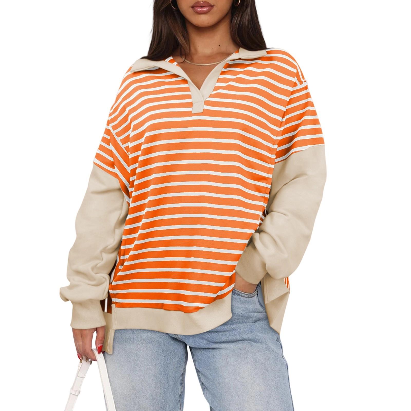 

Women s Oversized Striped Color Blocking Long Sleeved Round Neck Sports Shirt Casual Loose Fitting Pullover Shirt Top L помаранчевий