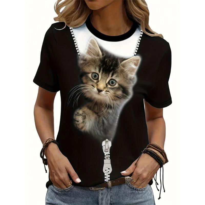 Summer Casual Women's T Shirt Cartoon Cute Cat Printed O Neck Short Sleeve Women's Outdoor Loose TShirt Tops Elegant Clothing