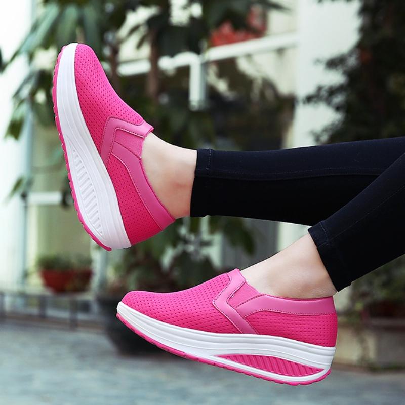 Women Slip-on Loafers Breathable Mesh Casual Walking Shoes Fashion Platform Shoes Rocker Shoes Wedge Heels
