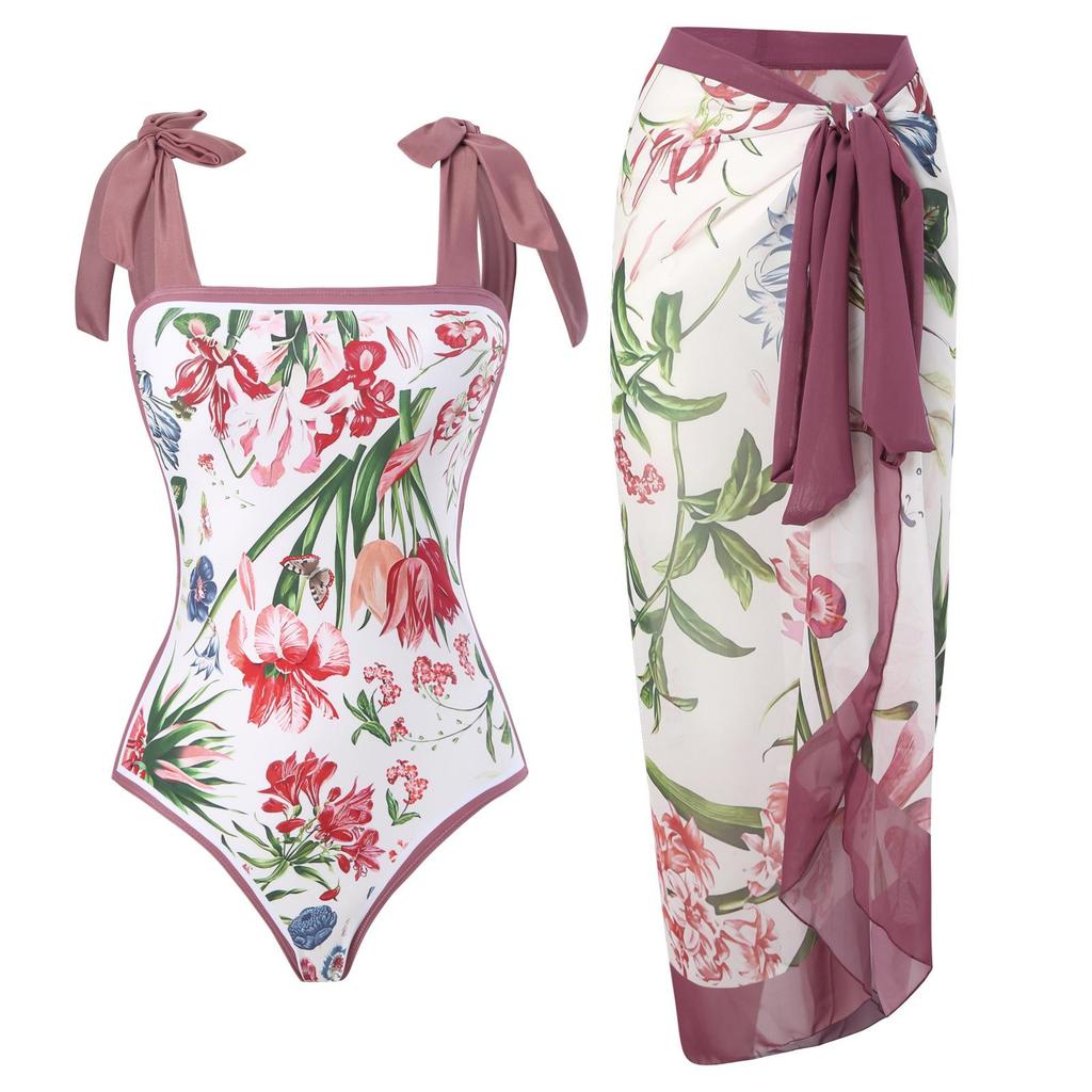 2Pcs/Set Women Printing Monokini with Skirt Sling Bandeau One-Piece Hot Spring Swimsuit with Beach Cover Up