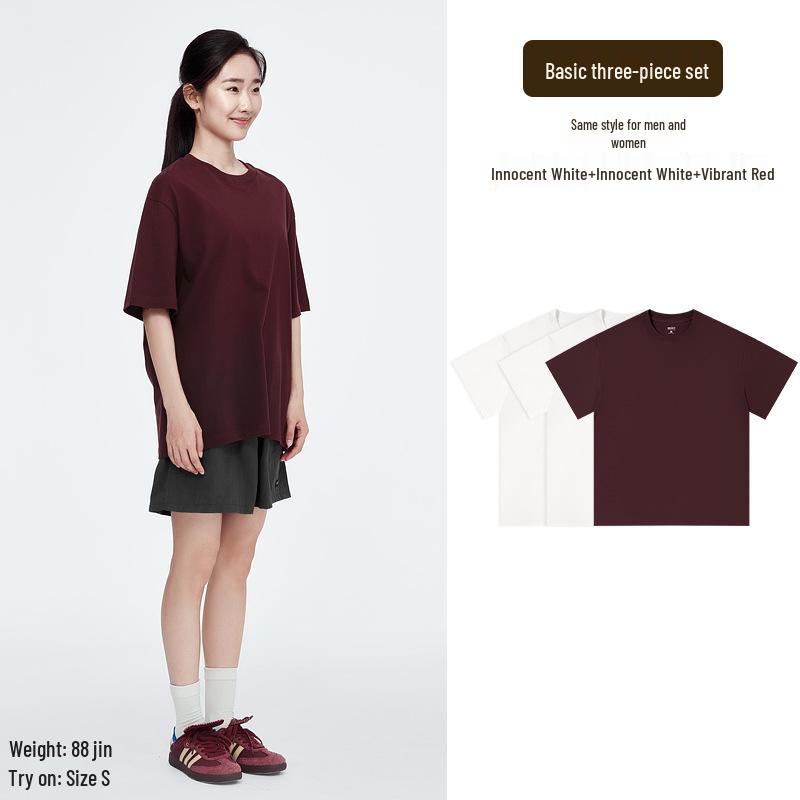 Aesthetics of Cotton: Unisex Summer Heavyweight Pure Cotton Three-Piece Short Sleeve T-Shirt Set, Basic Solid Colors