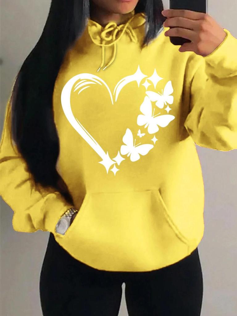 Women's Loose Fleece Hoodie with Love & Butterfly Print