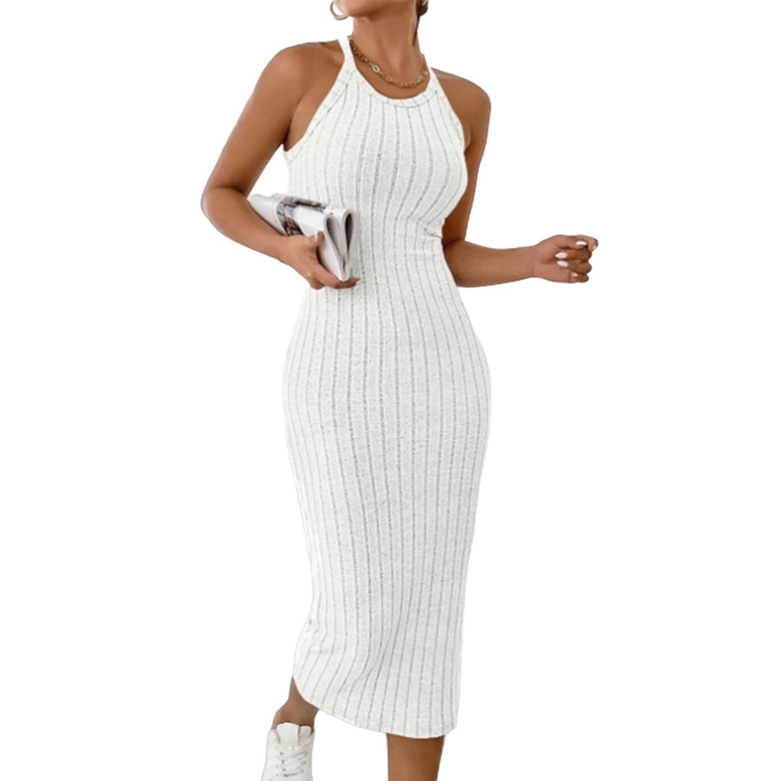 Sleeveless Ribbed Knit Midi Dress for Women Bodycon Tank Style Casual Pullover Crewneck Fitted Dress M