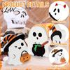 Whimsical Halloween Table Decor 3Pcs Sweet Ghost Decor, Wooden Cute Figurines with Candy Rustic Tabletop Pumpkin & Cauldron, Centerpiece for