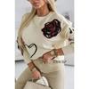 Women Loose Knit Long Sleeve Heart Jacquard Crew Neck Sweater
