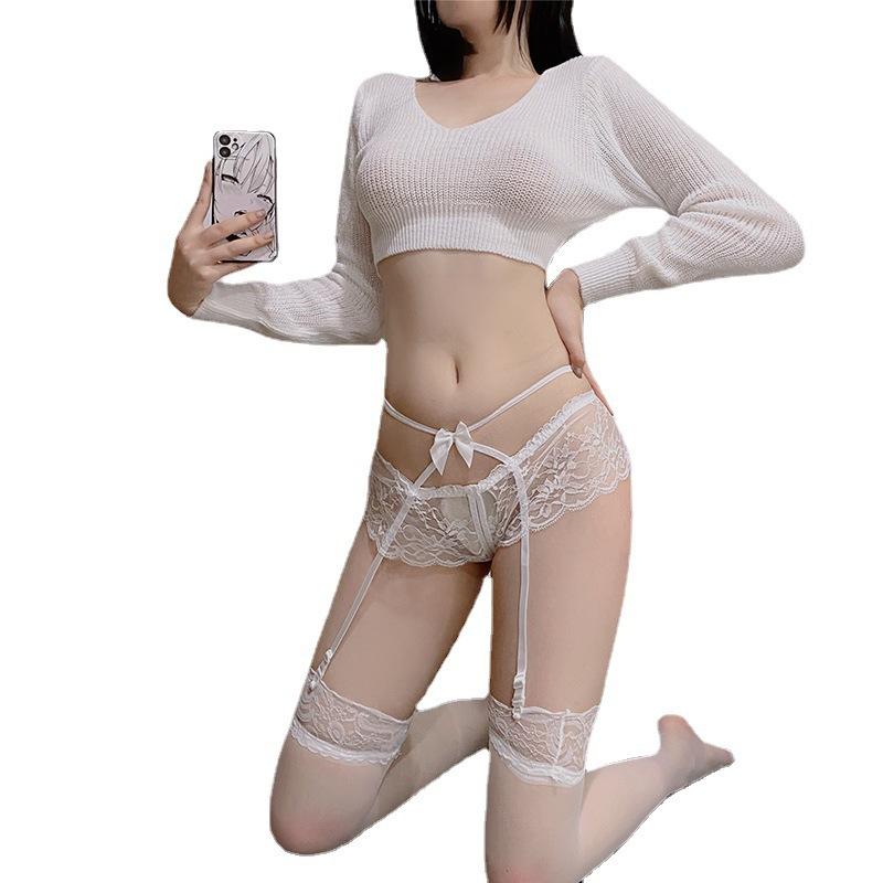 Portjartier damă din dantelă sexy cu bandă încrucișată decupată lenjerie intimă fără interes sexual chiloți deschiși ciorapi