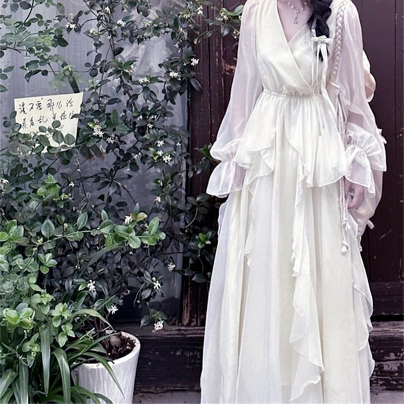 French Gentle Style First Love White Moonlight Fairy Dress Women's Summer V-Neck Waist-Cinching Dress