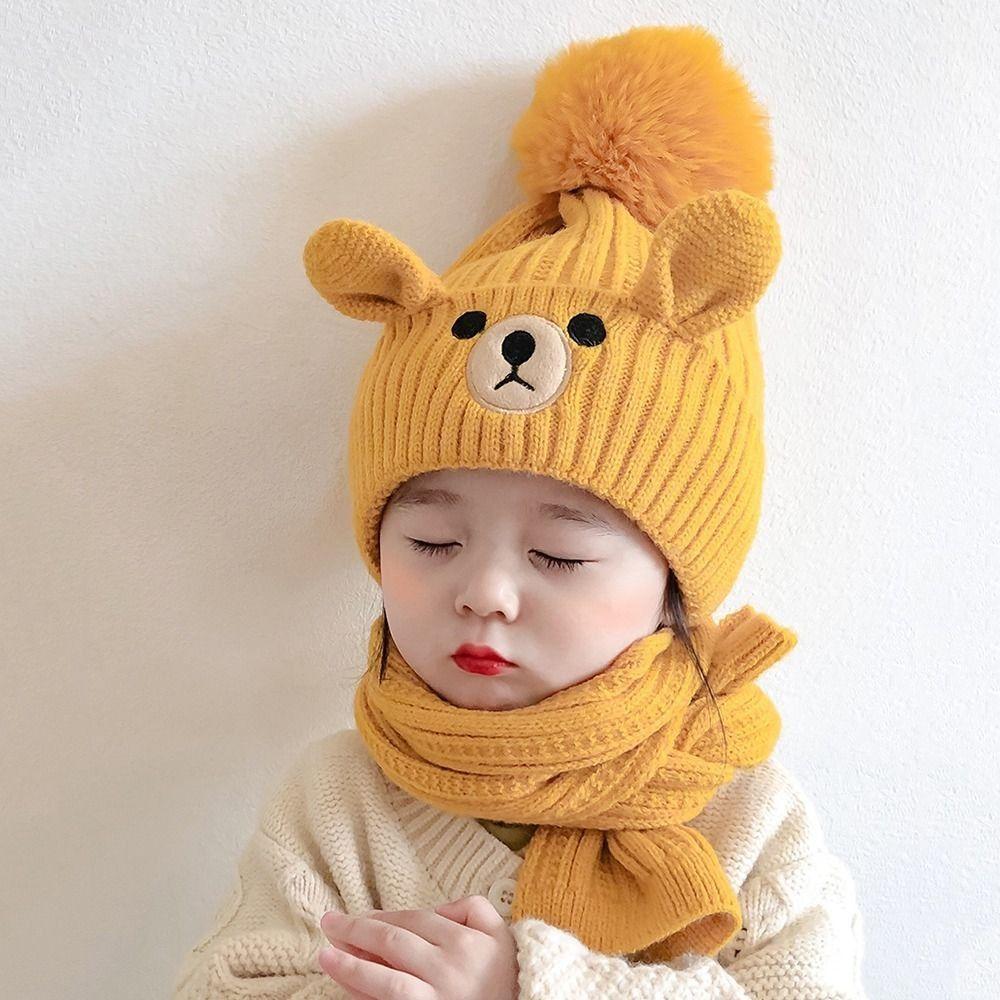 Plush Bear Children Scarf Hat Set Cartoon Warm Knitted Cap All-match Wool Beanie  Girls