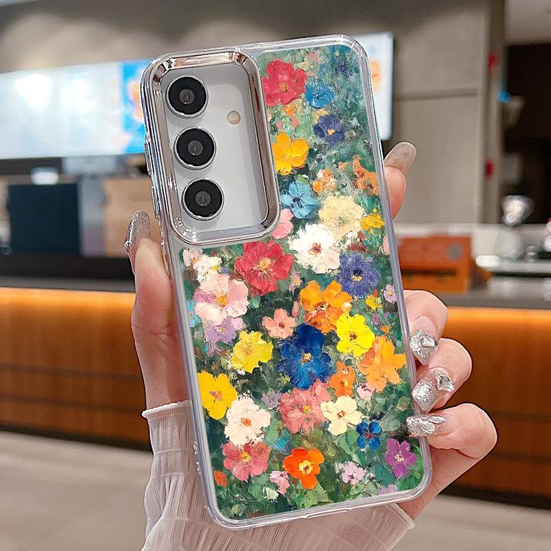 INS Watercolor Floral Case For Samsung S26 S25 Ultra S24 FE S23 Plus S22 S21 A15 A16 A17 A35 A36 A37 A54 A55 A56 A57 5G Plating Lens Soft Cover
