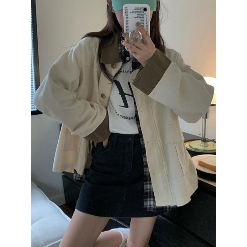 New Spring and Autumn Retro Splicing Korean Style Loose Jacket Women's Long Sleeve Top