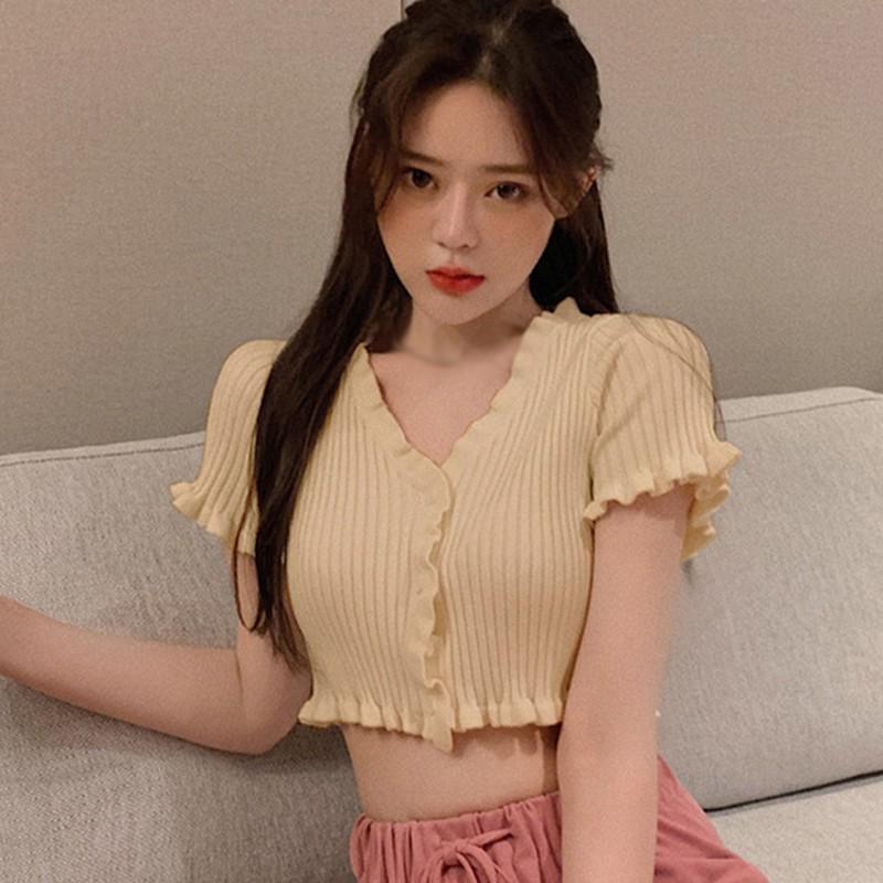 Women's Fashion V-neck Button Ruffled Short Section Exposed Navel Knitted Short Sleeved Cardigan One Size 6 Colors