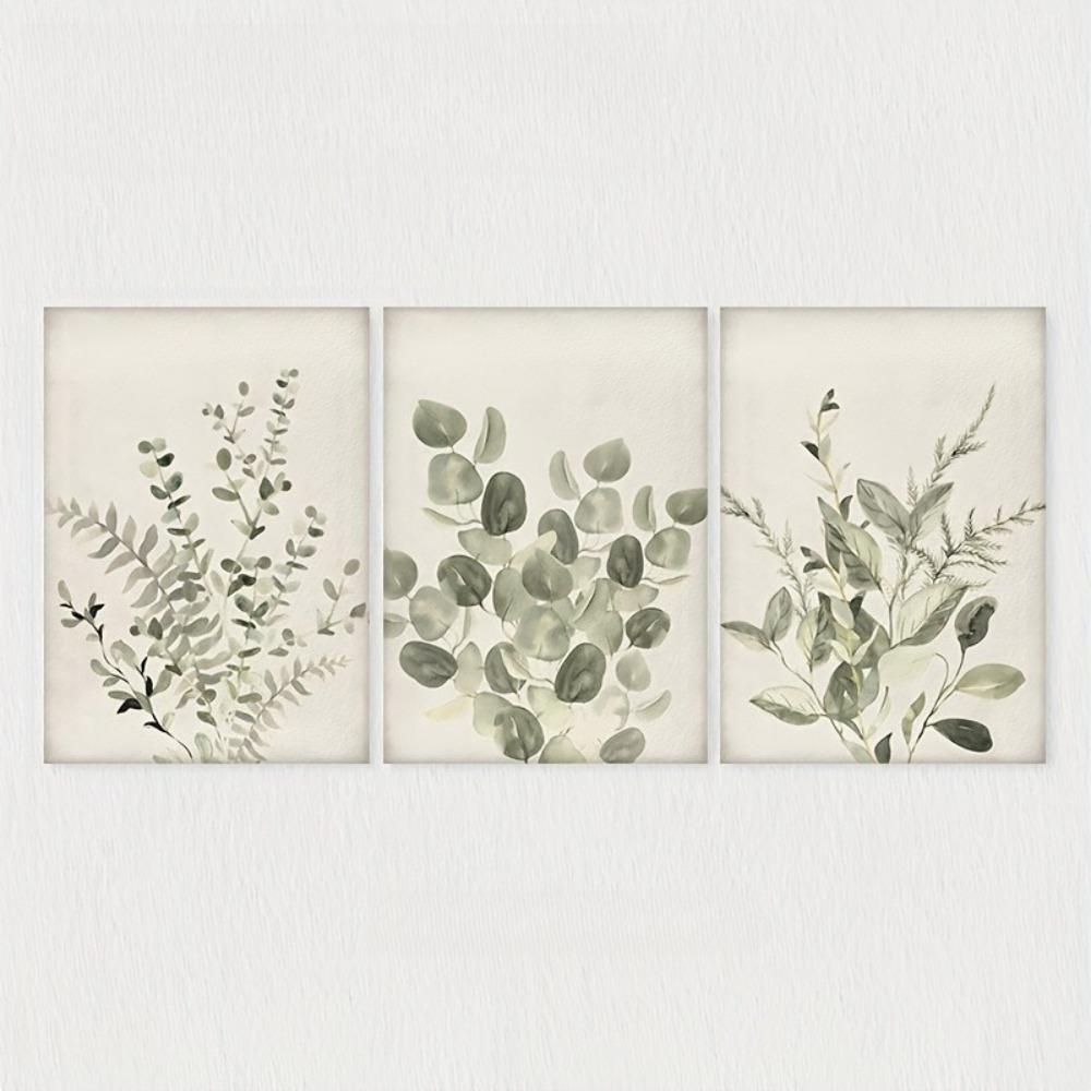 3pcs Frameless,Sage Green Plant Leaf Watercolor Wall Art Decor,Retro Plant Creative Canvas Poster Printing,Simple Home Decor