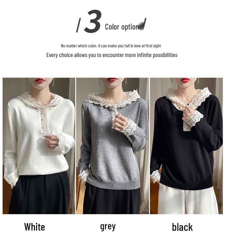 Women's Velvet Lace Design Hooded Knit Sweatshirt - Slimming Gentle Style