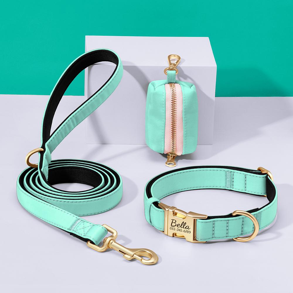 Personalized Dog Collar Leash Bag Colorful Dog Collars Durable Nylon Pet Buckle Necklace With Leashes Poop Bag Soft for Dogs Pug