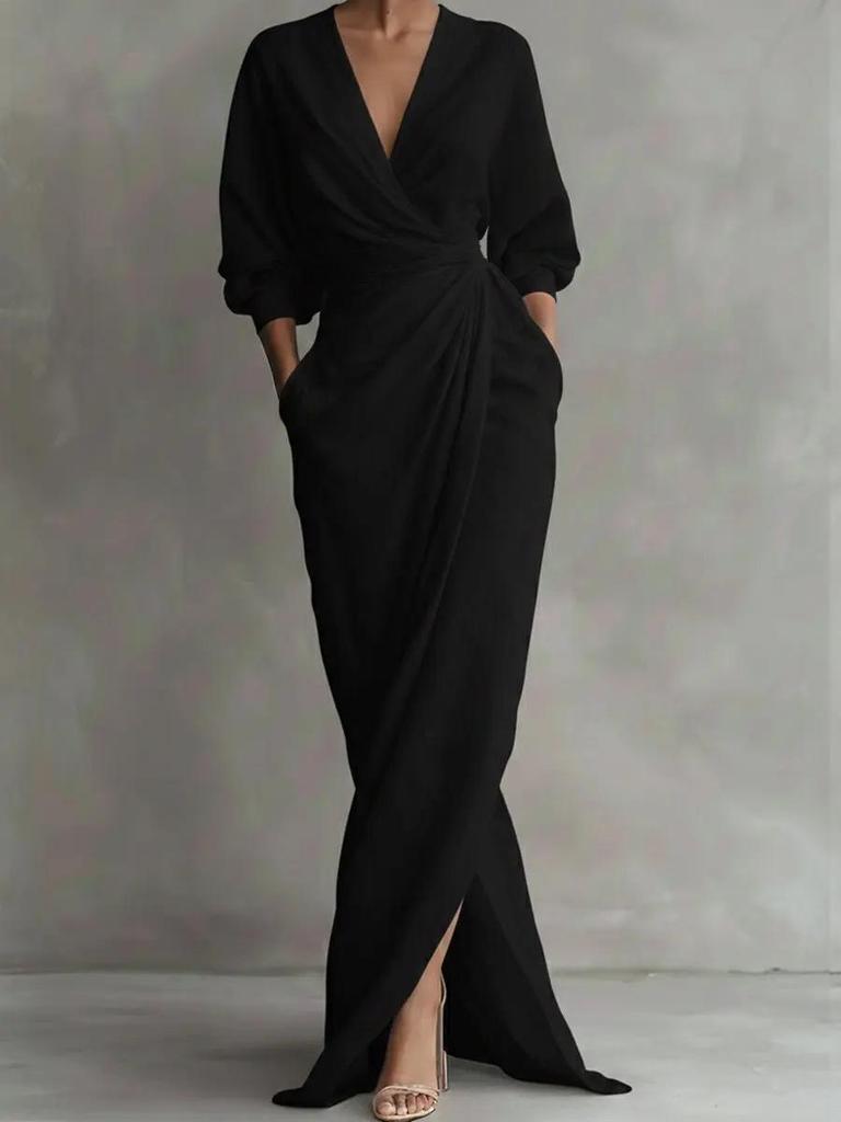 Elegant Solid Color V-Neck Long Sleeve Maxi Dress with Waist Pocket