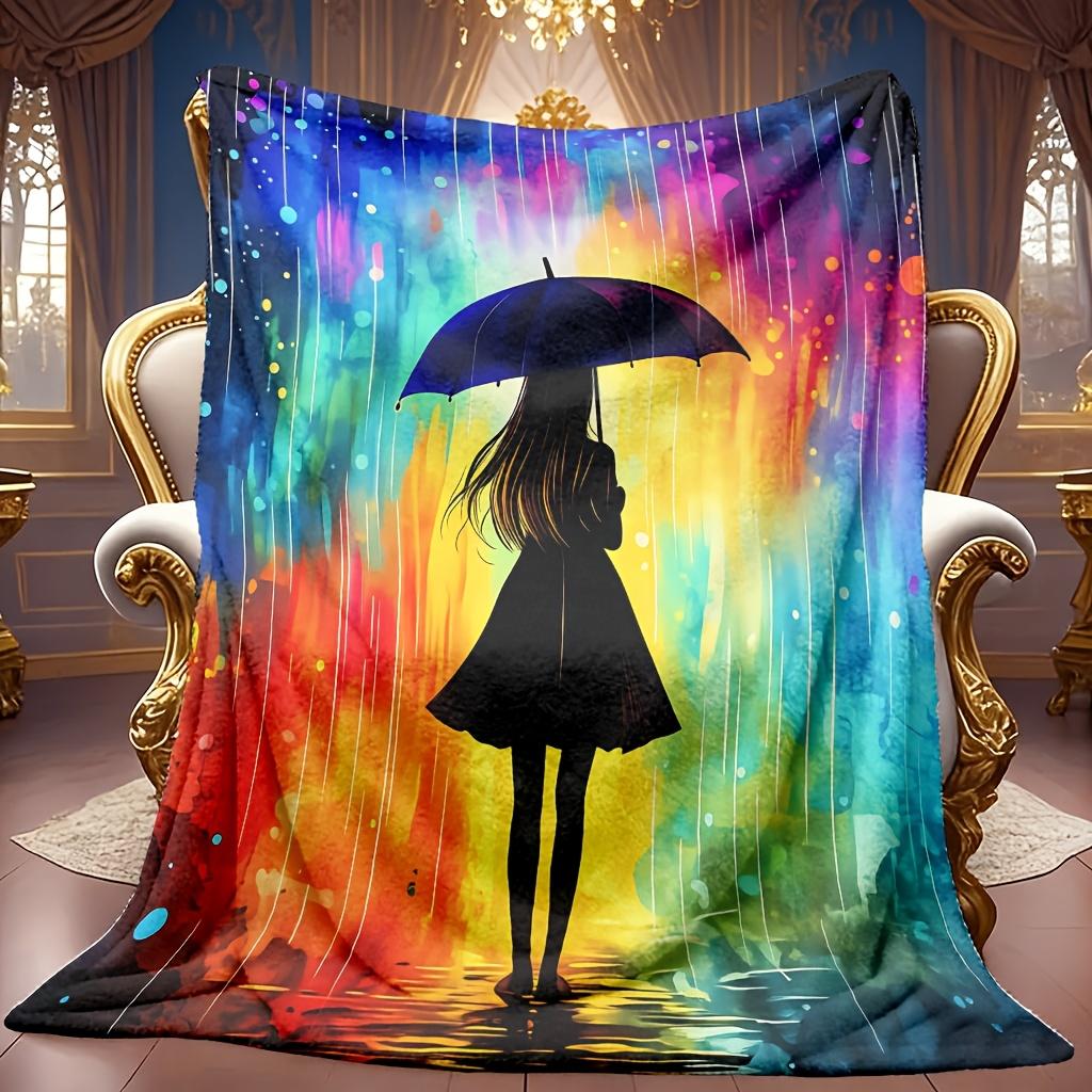 A Cozy Rainbow Umbrella-Themed Fleece Blanket For, Featuring Soft High-Definition Digital Printing, Suitable for All Year Round! A Cooling Blanket Tha