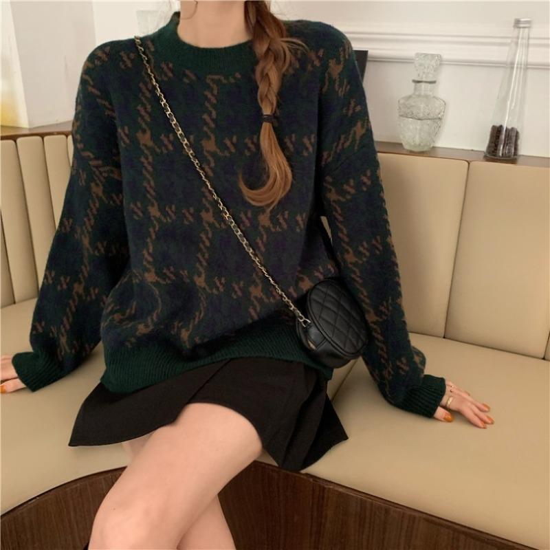 Autumn Winter Houndstooth Knitted Loose Sweater Women Pullover Tops Long Sleeve O Neck Casual Streetwear Women Knitwear Jumpers