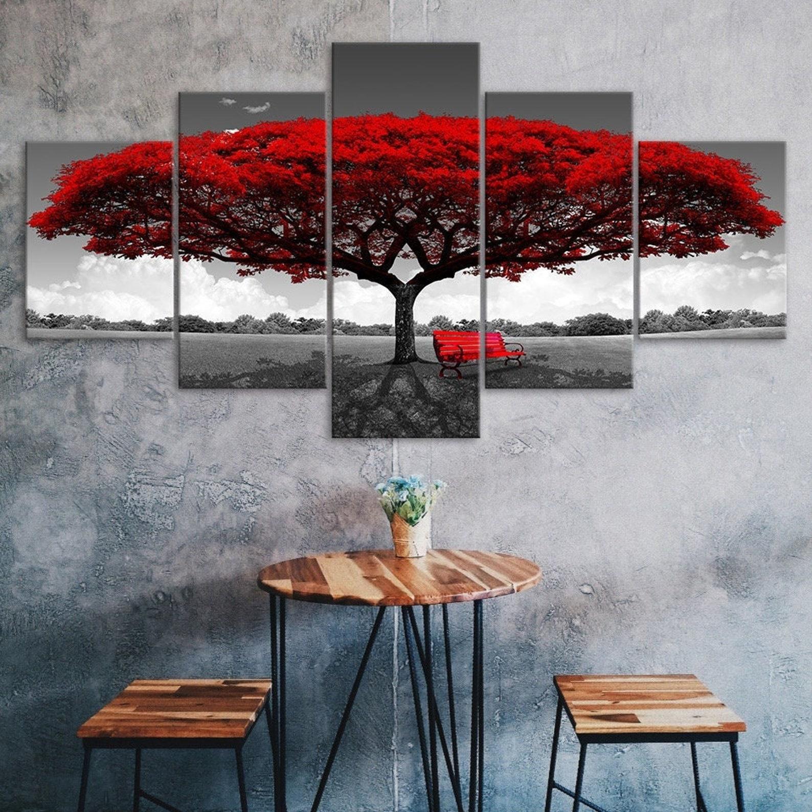 

Red Leaves Tree on Field Canvas 5 Piece Five Panel Wall Print Modern Art Poster Picture Home Decor Gift For Him For Her 20X35 20X45 20X55CM