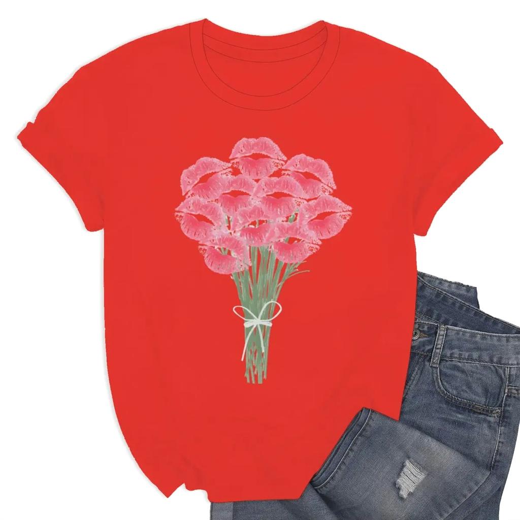 Pink Kisses Flower Bouquet Unisex Tshirts Funny Lipstick Bouquet Design Printed Short Sleeve Crew Neck T Shirt Clothing