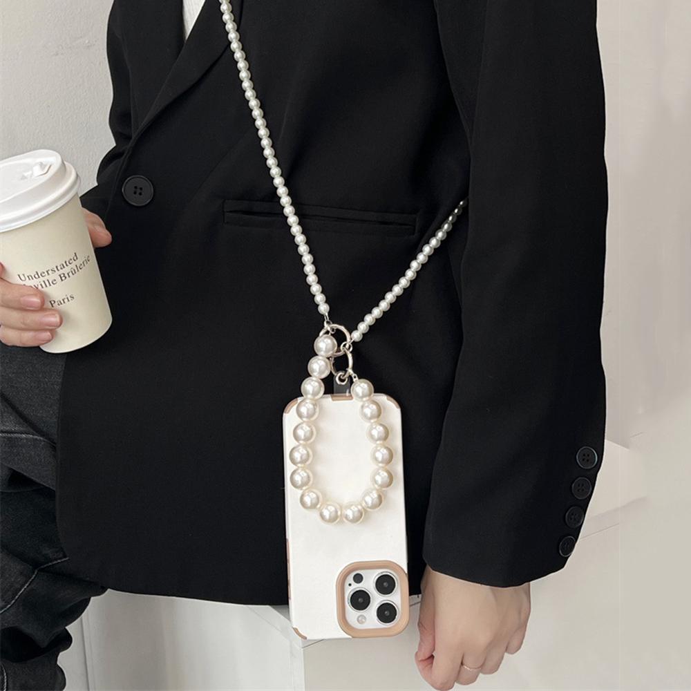 Women Korean Pearl Chain Mobile Phone Hanging Rope Handheld Shoulder Strap Detachable Back Crossbody Lanyard Anti Lost Pendant