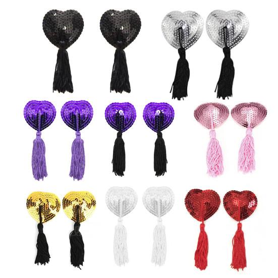 1 Pair Nipple Covers Sequins Shiny Heart Shape Nippleless Stickers Tassels Self-Adhesive Invisible Chest Pads for Home