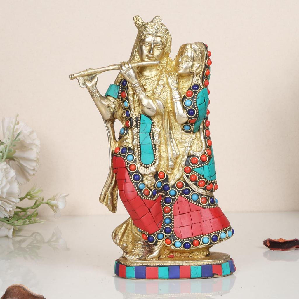 Gott Radha Krishna Messing mit mehrfarbigen Edelsteinen Handarbeit Statue - 8 Zoll