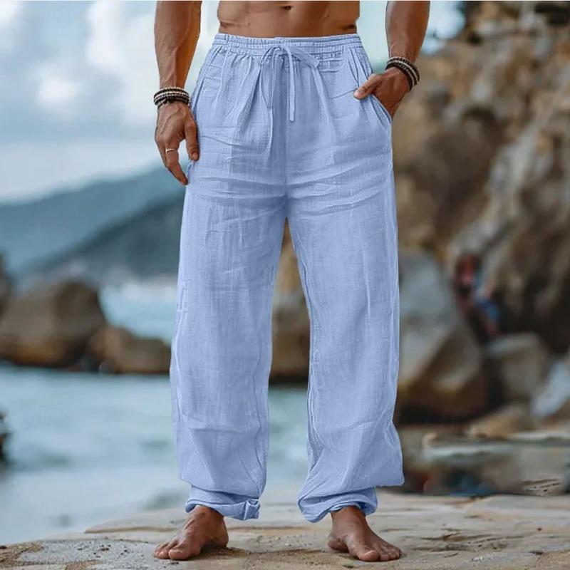Beach Pants Cross-border Cotton and Linen Casual Trousers Amazon Men's Solid Color Drawstring Elastic Waist Daily Casual Breathability