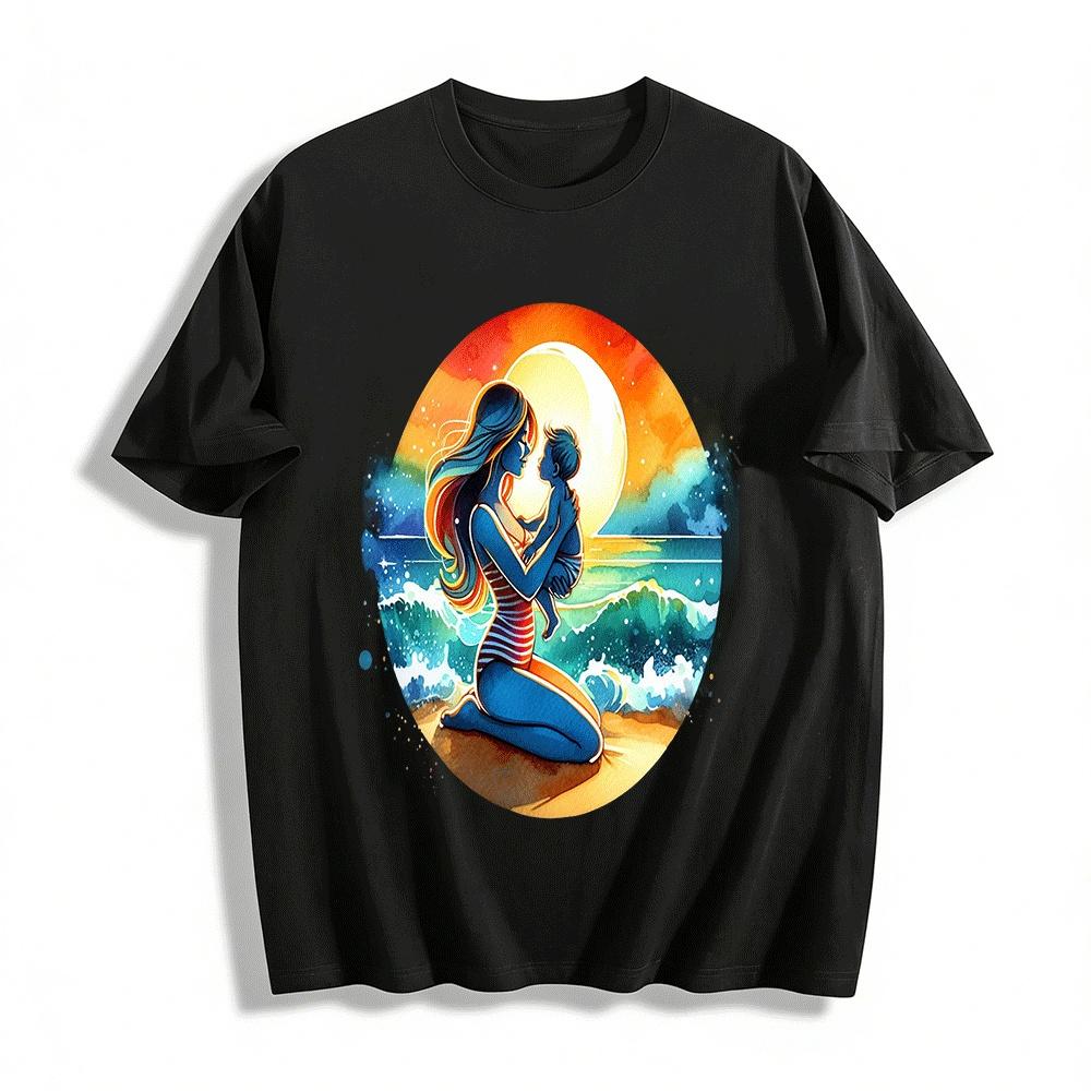 

Mother And Baby Beach Sunrise Print Casual T-Shirt Pure cotton T-shirt XXS