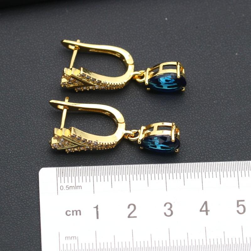 Blue Crystal Luxury Jewelry Bridal Set for Women Long Water Drop Pendant Necklace Earrings Ring for Weddings Parties Zircon