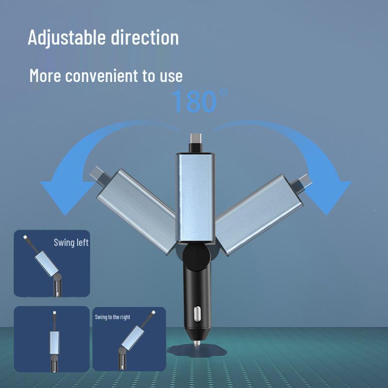 Fast-Charging Car Charger with Ambient Light and 3-Way Cigarette Lighter Converter, Type-C Retractable Flash Charging