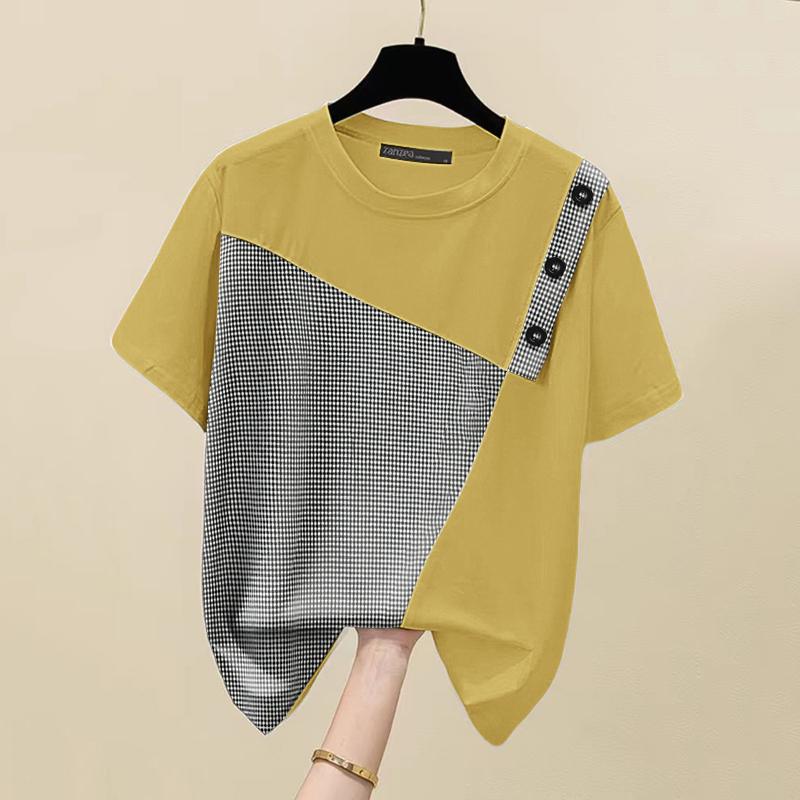 

ZANZEA Женские летние повседневные футболки с коротким рукавом и лоскутным узором в клетку XL