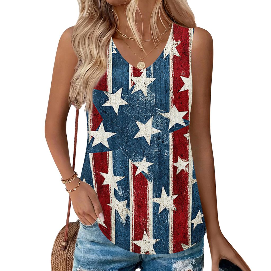Damenmode Lässiges T-Shirt Top mit Aufdruck der Flagge und Sterne des Amerikanischen Unabhängigkeitstages, V-Ausschnitt, Rüschenärmel, Ärmellos