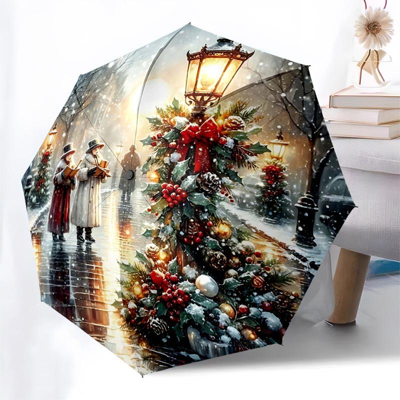 

1pc Christmas Snowy Street Scene with Carolers, Auto Open Close Umbrella, Portable Tri-Fold Design, 8-Bone Iron Frame, Outdoor Umbrella, Festive Gift