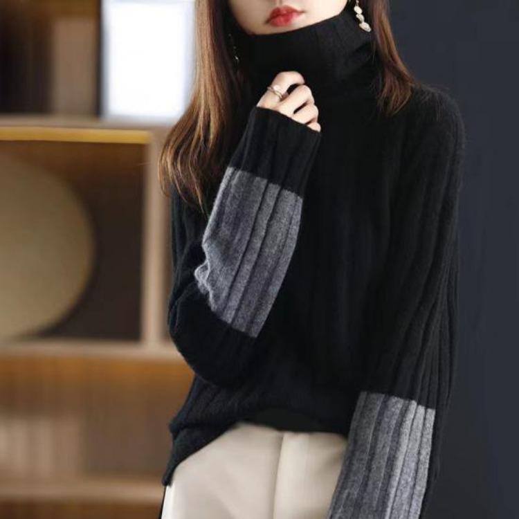 Women Warm Thick Soft Pullover Sweater Turtleneck Long Sleeve Knitted Color Block Patchwork Lady Winter Autumn Neck Protection