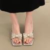 Fashion Women's Fine Heeled Sandals Fashion Square Head Shallow Mouth Crystal Butterfly Knot Set Foot High-heeled Slippers