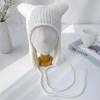Women's Horned Wool Knit Hat with Earflap Straps