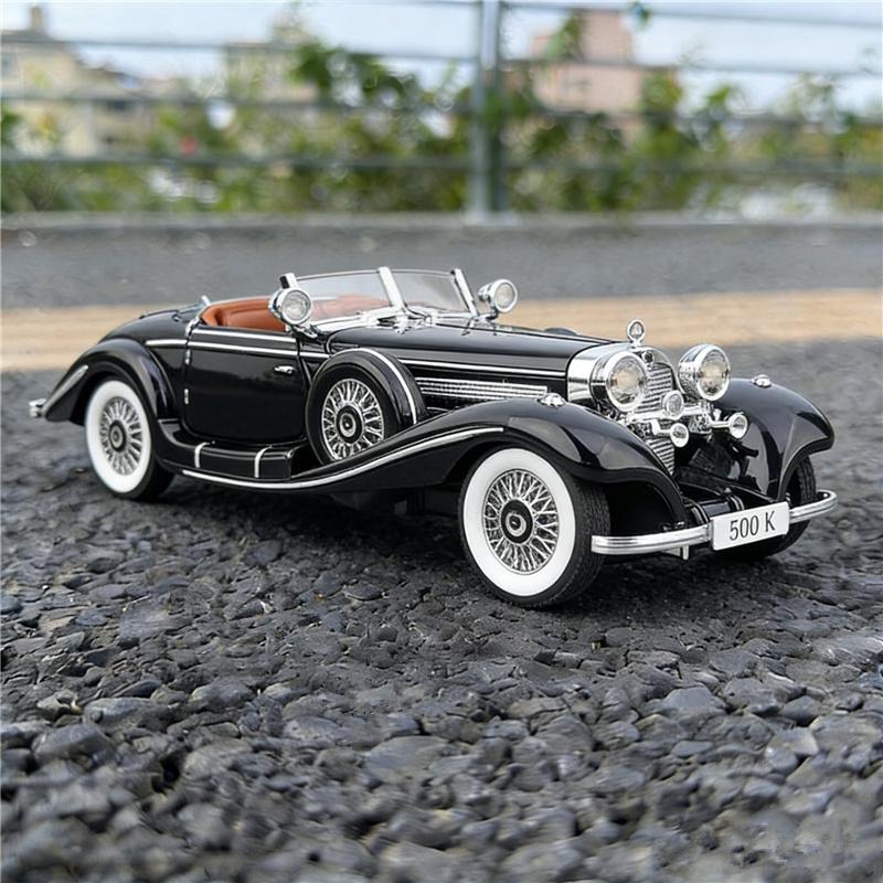 1:24 1936 Benz 500K Legierungs-Automodell Druckguss-Metallspielzeug Klassisches Fahrzeug Automodell Simulation Geräusch und Licht Sammlung Kindergeschenk