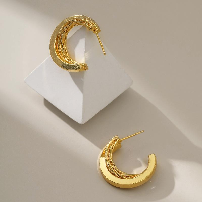 Vintage French Twisted 18k Gold Plated Brass Stud Earrings Fashion Jewelry For Women