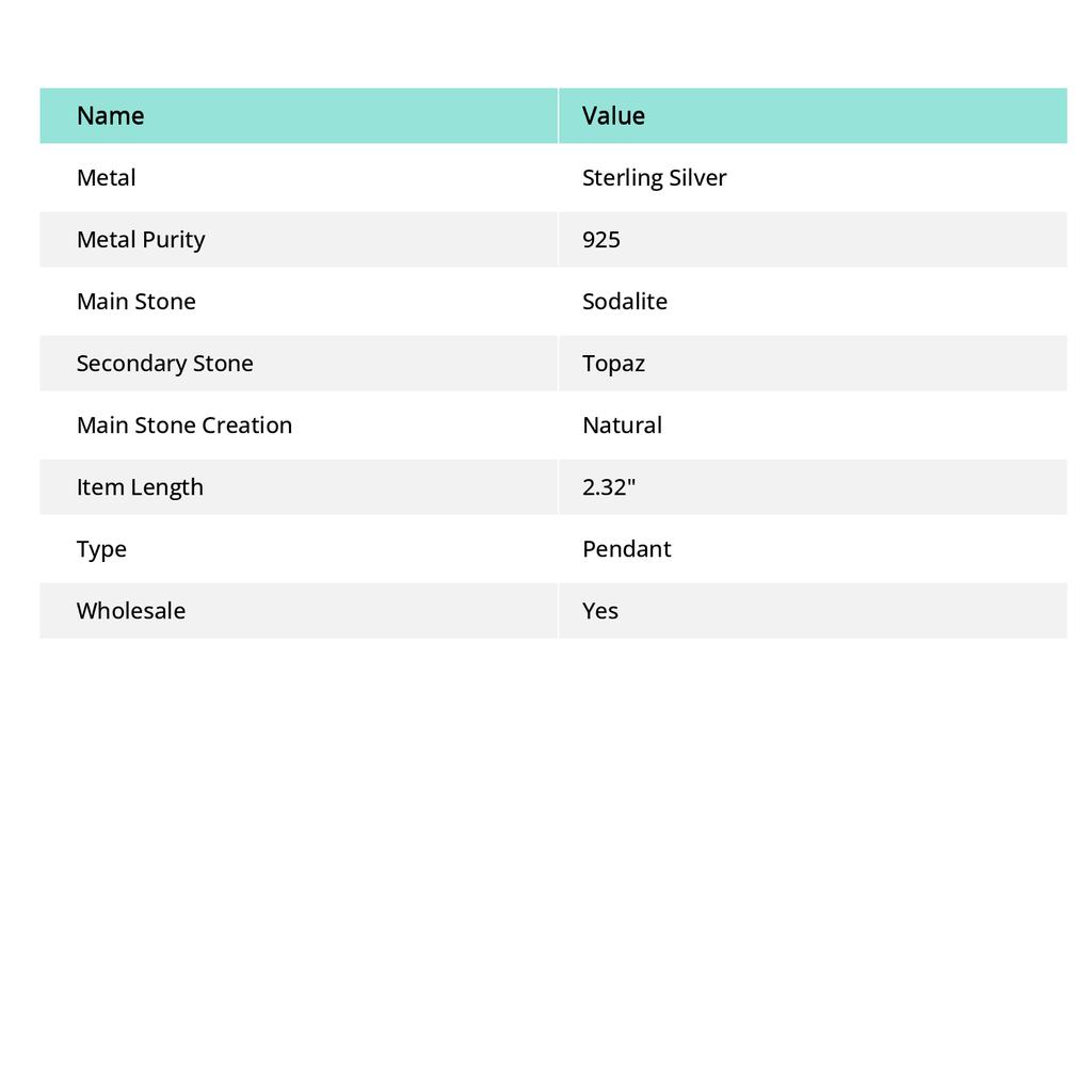 Sodalit, Topaz Ręcznie Robiony Wisiorek Biżuteria ze Srebra Próby 925 2.32" T2u84