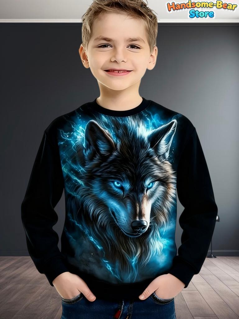 Boys Wolf Print Long Sleeve Crew Neck Sweatshirt Soft Breathable Casual Wear Outdoor Activities Autumn Essential Clothing Hoodie