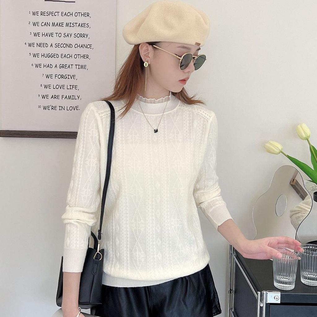 Beaded Bottom Shirt Women's Loose Spring Half High Neck Sweater Long Sleeve Top