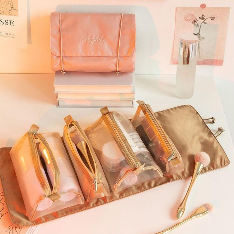 Tragbare einfarbige Kosmetiktasche mit großer Kapazität, Reise-Kulturbeutel, Aufbewahrungstasche für Make-up und Augenbrauenstifte