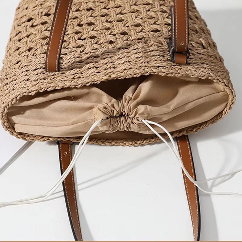Boho Hohl Stroh Häkeln Tragetasche Damen PU Riemen Kordelzug Futter Strand Schultertasche