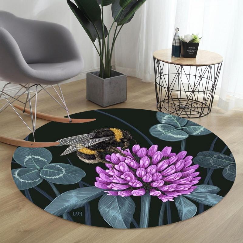 

Bohemian Bee & Floral Round Rug Collection Non Slip Wear Resistant Soft Washable Living Room Bedroom Decor Rug 80cm x 80cm