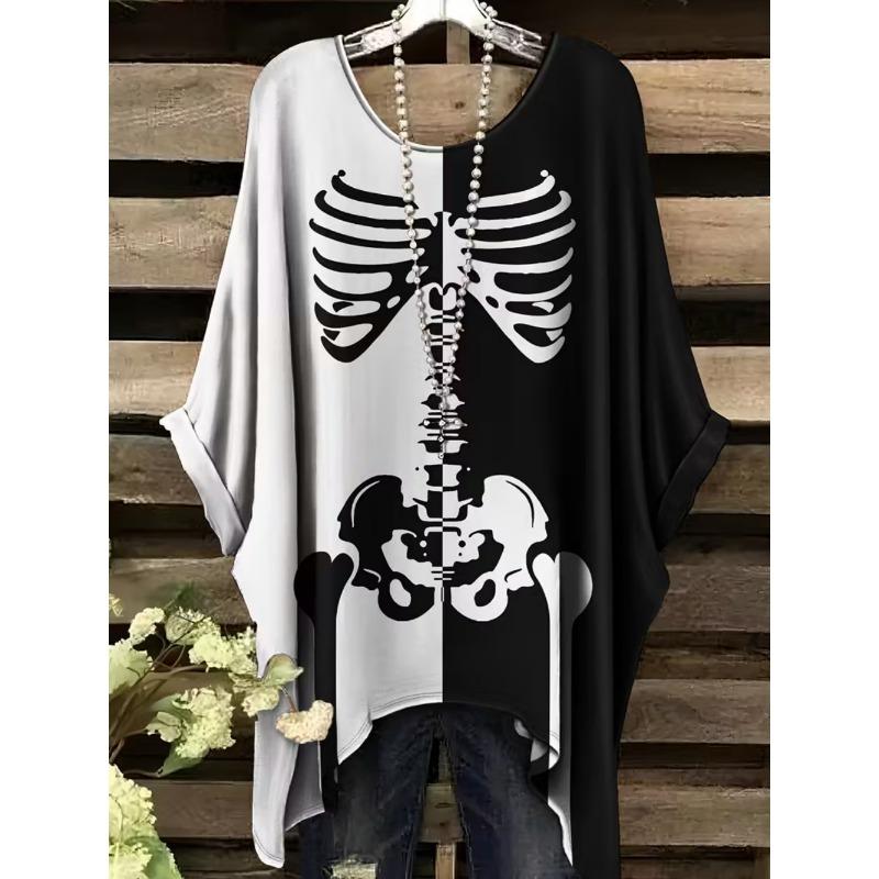 Damen T-Shirt Gothic Stil Bohemian Totenkopf Druck Locker Unregelmäßiger Saum Rundhalsausschnitt Kurzarm Shirt Oversize Y2k Sommerkleidung