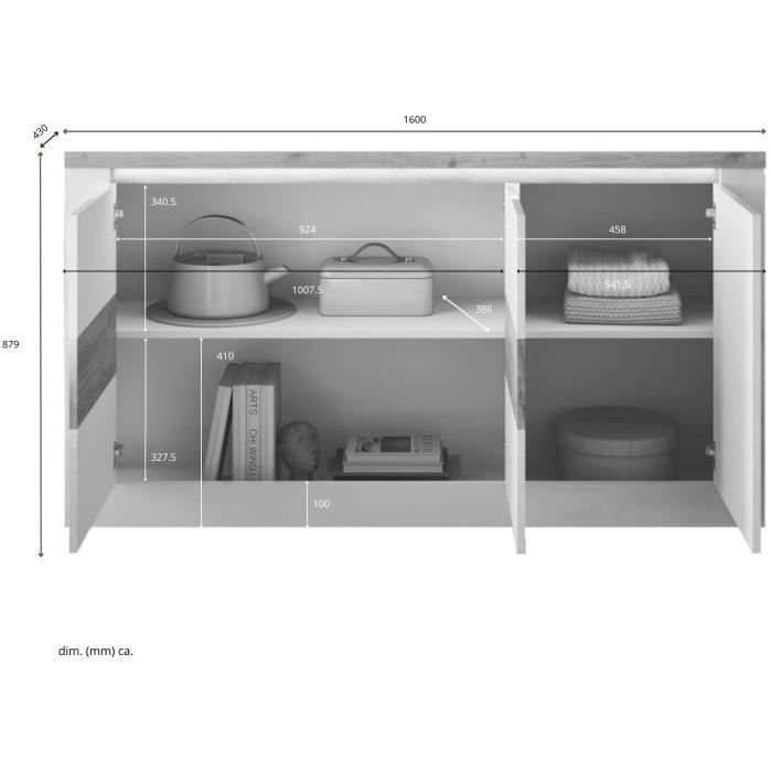 Buffet - IMOLA - Blanc Laqué Brillant / Chêne Clair - 3 Portes - 160 X 43 X 88 Cm - Eclairage LED